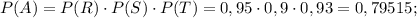 P(A)=P(R)\cdot P(S)\cdot P(T)=0,95\cdot 0,9\cdot0,93=0,79515;