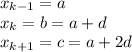 x_{k-1}=a \\\ x_{k}=b=a+d \\\ x_{k+1}=c=a+2d