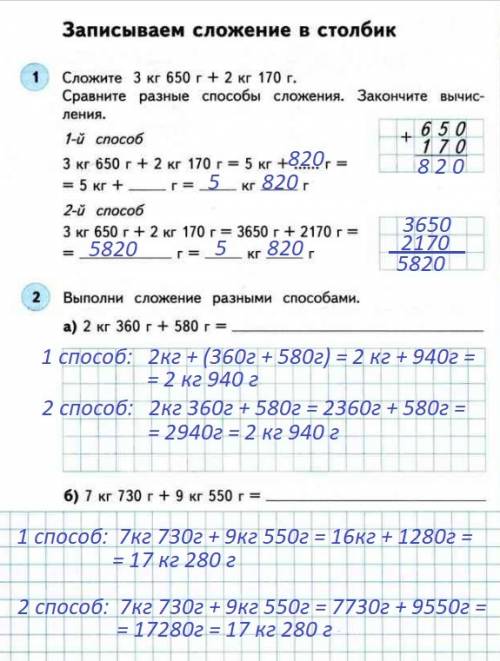 1. сложите 3 кг 650 г + 2 кг 170 г. сравните разные сложения. закончите вычисления. 1-й кг 650 г + 2