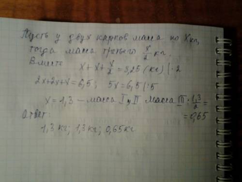 Олег упіймав трьох коропів, загальна маса яких 3 кг 250 г. два коропи були однакові, а маса третього