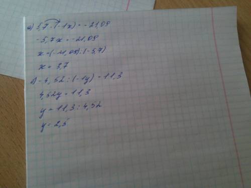 Решите уравнение 1)5,7 · (-x) = -21,09 2) -4,52 : (-y) = 11,3