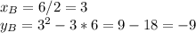 x_B=6/2=3 \\ y_B=3^2-3*6=9-18=-9