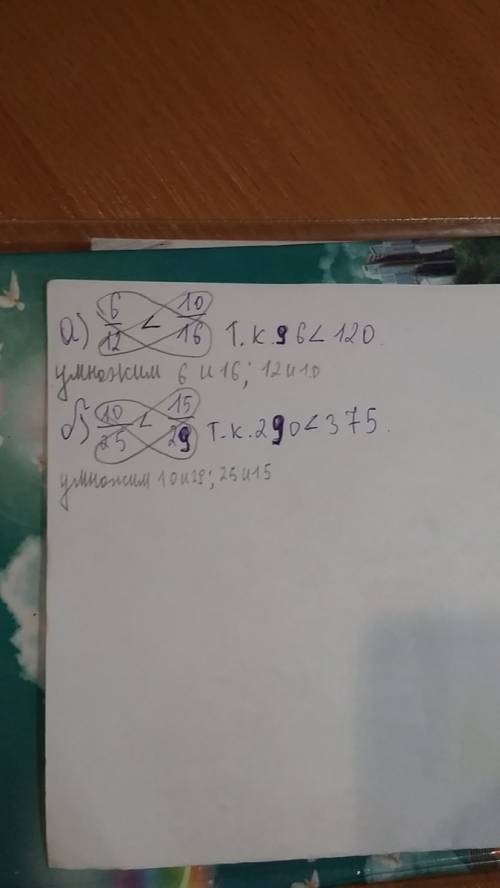 Сравните дроби не пририводяих к общему знаменатилю а)6/12 и 10/16 б)10/25 и 15 29