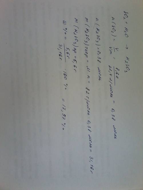 При взаємодії 8,6 л so2 з водою утворюється 5,6 г h2so3. знайти вихід продукту