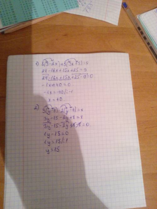 Решите уравнение: 1) 8(3-2x) + 5 ( 3x + 5 ) = 9 ; 2) 3(y-5)-2(y-4)=8