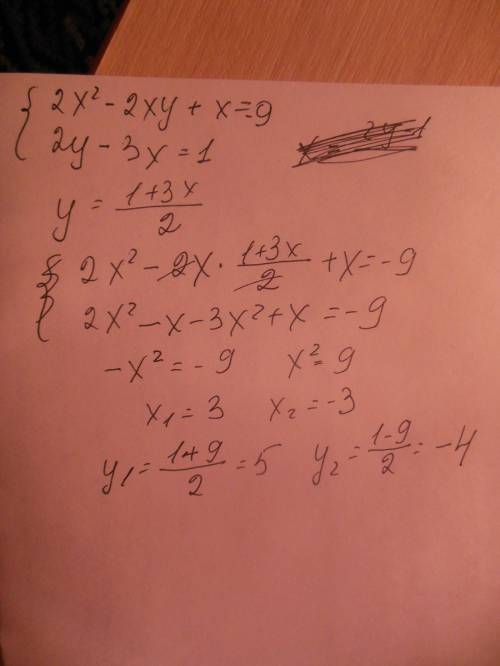 Решить систему уравнений {2x^2-2xy+x= -9} {2y-3x=1}