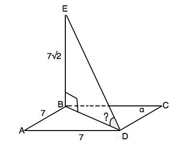 Abcd- квадрат, ab=7дм, be перпендикулярна плоскости альфа, be=7 корней из 2. найти угол bde