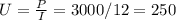 U= \frac{P}{I} =3000/12=250