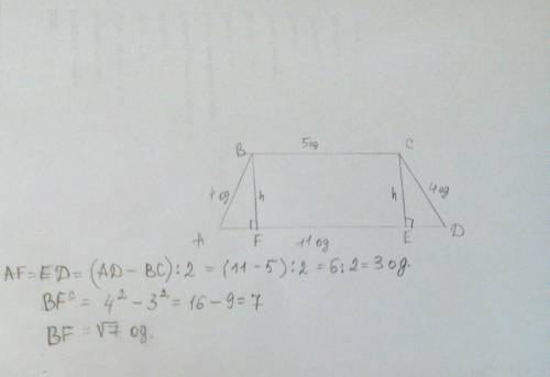 Знайдіть висоту рівнобічної трапеції основи якої дорівнюють 5 і 11, а бічна сторона 4 одиниць
