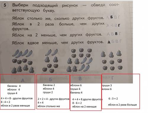 Выбери подходящий ответ обведи соответствующую 1) яблок столько же сколько других фруктов. а б в г 2