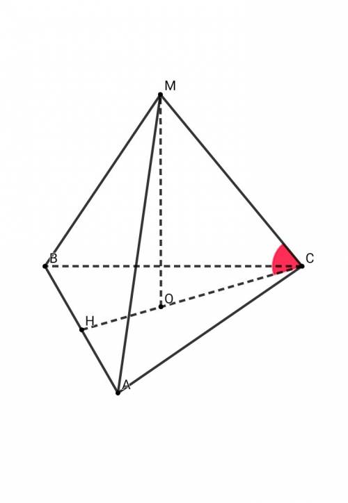 Вправильной треугольной пирамиде высота основания равна h, боковые ребра наклонены к основанию под у