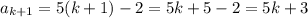 a_{k+1}=5(k+1)-2=5k+5-2=5k+3