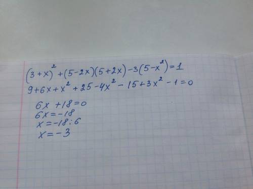 Решите уравнение: (3+x)²+(5-2x)×(5+2x)-3(5-x²)=1