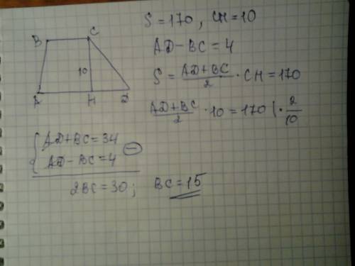 Разность длин параллельных сторон трапеции равна 4. если высота трапеции 10, а площадь 170, то длина