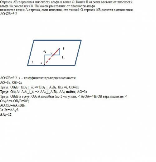 Отрезок ав пересекает плоскость альфа в точке о. конец в отрезка отстоит от плоскости альфа на расст