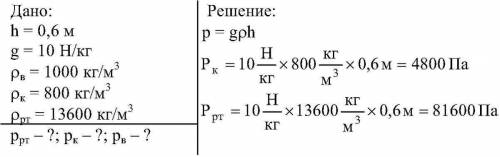 Определите давление на глубине 0.6 м в воде,керосине,ртути