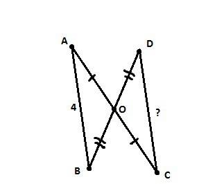Отрезки ac и bd пересекаются в точке o так, что ao=co, bo=do, ab=4см. найти длину отрезка cd