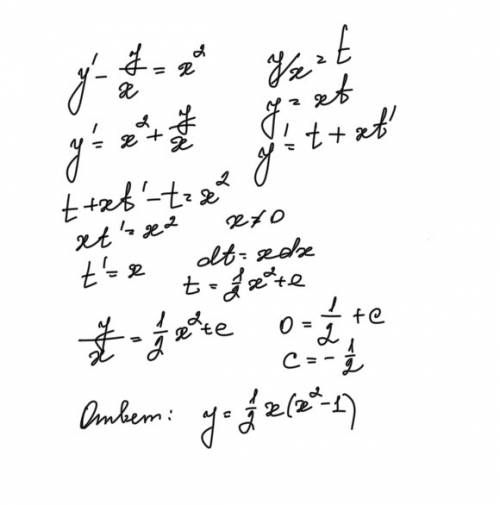 Найти решение коши: y'-y/x=x^2; y(1)=0