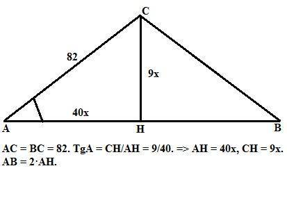 Найдите основание ab равнобедренного треугольника abc если ac=82 tga=9/40