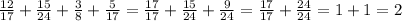 \frac{12}{17}+ \frac{15}{24}+ \frac{3}{8}+ \frac{5}{17} = \frac{17}{17}+\frac{15}{24}+ \frac{9}{24}= \frac{17}{17}+ \frac{24}{24}=1+1=2