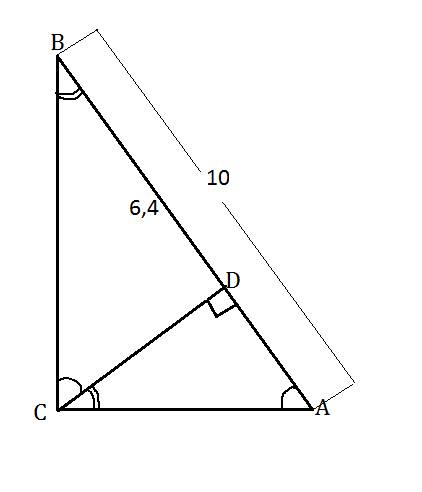 Втреугольнике acb (c вершиной с), угол acb = 90 градусов, cd перпендикулярно ab. ab = 10 см, bd = 6,