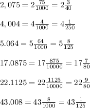 2,075=2 \frac{75}{1000} =2 \frac{3}{40} \\ \\ 4,004=4 \frac{4}{1000}=4 \frac{1}{250} \\ \\ 5.064=5 \frac{64}{1000} =5 \frac{8}{125} \\ \\ 17.0875=17 \frac{875}{10000}=17 \frac{7}{80} \\ \\ 22.1125=22 \frac{1125}{10000} =22 \frac{9}{80} \\ \\ 43.008=43 \frac{8}{1000} =43 \frac{1}{125} \\