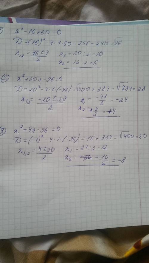 1)x^2-16+60; 2)x^+20x-96; 3)x^2-4x-77; 4)x^2-4x-96