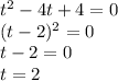 t^2-4t+4=0 \\ (t-2)^2=0 \\ t-2=0 \\ t=2