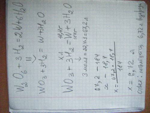 Какой объем водорода должен вступить в реакцию с оксидом вольфрама (6), если образуется 18,4 г вольф