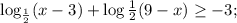 \log_\frac{1}{2}(x - 3) + \log\frac{1}{2}(9 - x) \geq - 3;\,