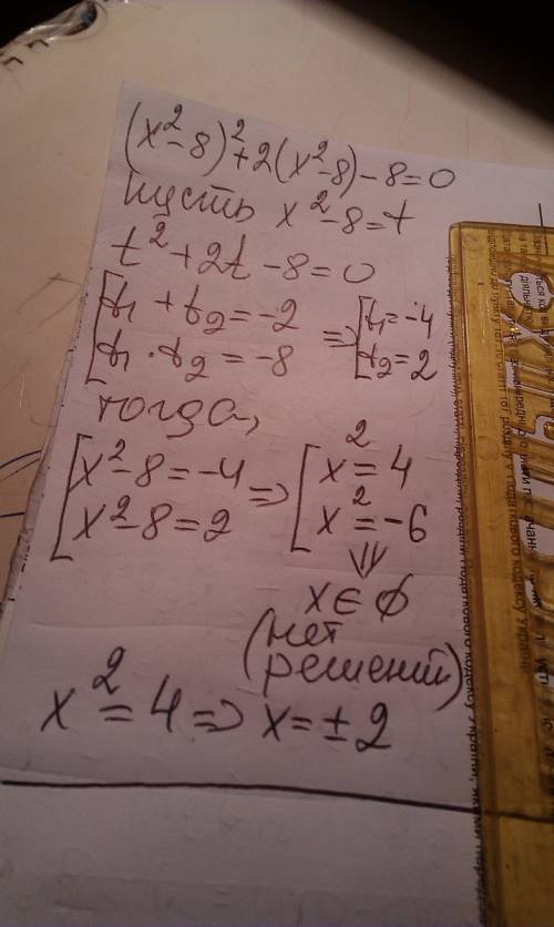 Решите уравнения , приводящиеся к квадратным (x^2-8)^2+2(x^2-8)-8=0