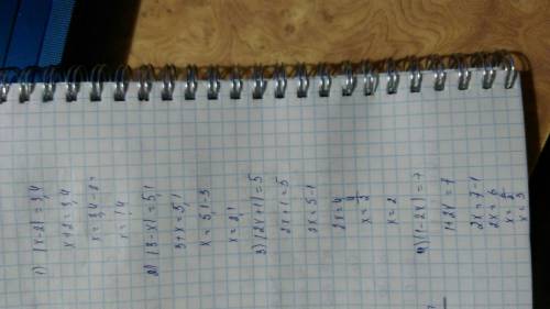 Решите подробно, заранее . 1) i x-2 i = 3,4 2) i 3-x i = 5,1 3) i 2x+1 i =5 4) i 1-2x i = 7 5) i 3x+