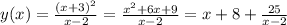 y(x)=\frac{(x+3)^2}{x-2}=\frac{x^2+6x+9}{x-2}=x+8+\frac{25}{x-2}