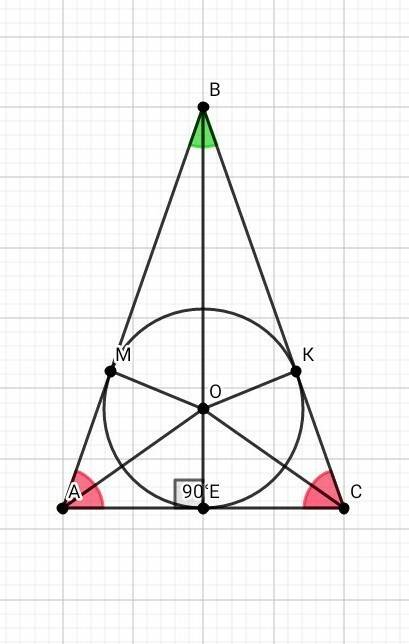 Окружность с центром о, вписанная в равнобедренный треугольник авс с основанием ас, касается стороны
