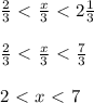 \frac{2}{3} \ \textless \ \frac{x}{3}\ \textless \ 2\frac{1}{3}\\\\\frac{2}{3}\ \textless \ \frac{x}{3}\ \textless \ \frac{7}{3}\\\\2\ \textless \ x\ \textless \ 7