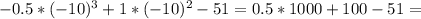 -0.5* (-10)^{3} +1* (-10)^{2} -51=0.5*1000+100-51=