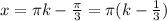 x= \pi k- \frac{ \pi}{3} = \pi (k- \frac{1}{3} )