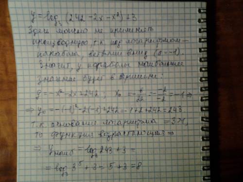 Найдите наибольшее значение функции у= log3(242-2x-x^2)+3