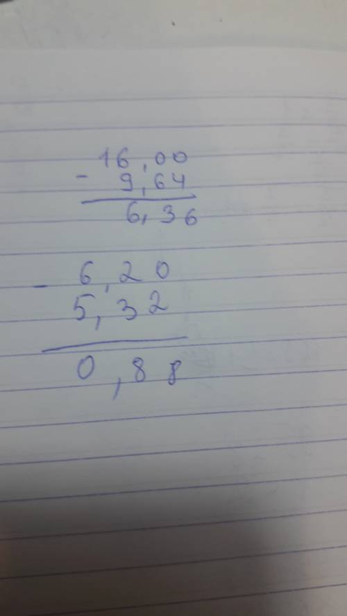 Сколько будет : 1) 16-9,64=? 2) 6,2-5,32=? это все в столбик. кто сделает правил но дарю 50 !