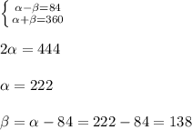 \left \{ {{ \alpha - \beta =84} \atop { \alpha + \beta =360}} \right. \\ \\ 2 \alpha = 444 \\ \\ \alpha =222 \\ \\ \beta = \alpha -84= 222 -84 = 138