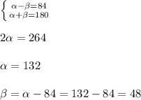 \left \{ {{ \alpha - \beta =84} \atop { \alpha + \beta =180}} \right. \\ \\ 2 \alpha = 264 \\ \\ \alpha =132 \\ \\ \beta = \alpha -84= 132 -84 = 48