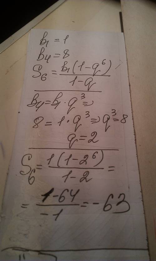 Найдите сумму шести первых членов прогрессии,если,b1=1,b4=8