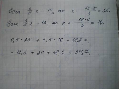 0,5x+1,5a+18,2 если 3/5х=15, а 3/4а=12найдите значения выражения. , умоляю, нужно