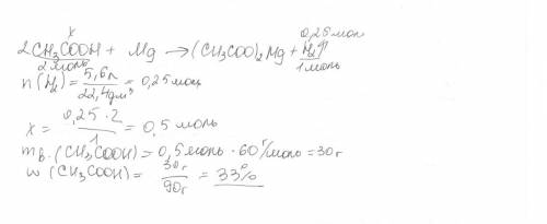 При взаимодействии 90 г раствора уксусной кислоты с магнием было получено 5,6 л водорода (н. у). най