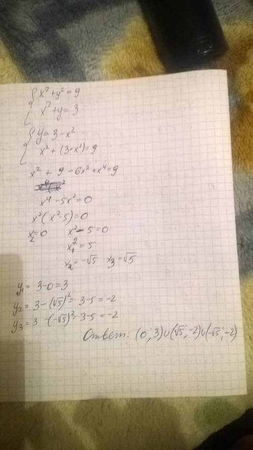 Решите систему : x^2+y^2=9 x^2+y=3