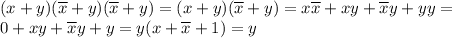 (x+y)(\overline x+y)(\overline x+y)=(x+y)(\overline x+y)=x\overline x+xy+\overline xy+yy= \\ 0+xy+\overline xy+y=y(x+\overline x+1)=y