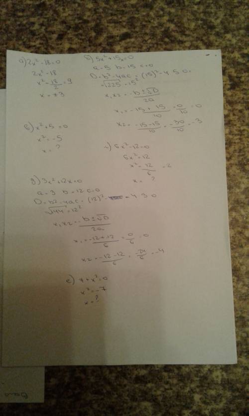 Решите неполное квадратное уравнение: а) 2x^2-18=0 б) 5х^2+15х=0 в) х^2+5=0 г) 6х^2-12=0 д) 3х^2+12х