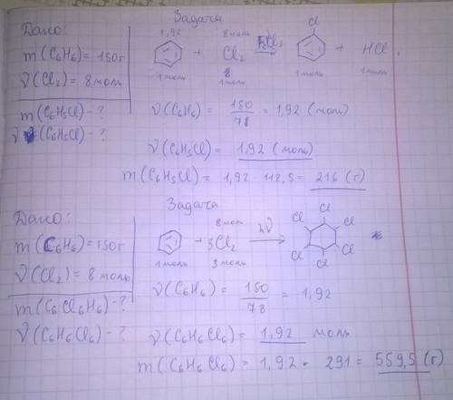 Вреакцию хлорирования вступило 8 моль хлора и 150 г. бензола. найти кол-во и массу получившегося про