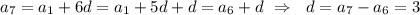 a_7=a_1+6d=a_1+5d+d=a_6+d~\Rightarrow~~ d=a_7-a_6=3