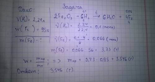 Пропуская водород над нагретым fe2o3 цифры-индексы можно получить железо. вычислите массу железа, ес